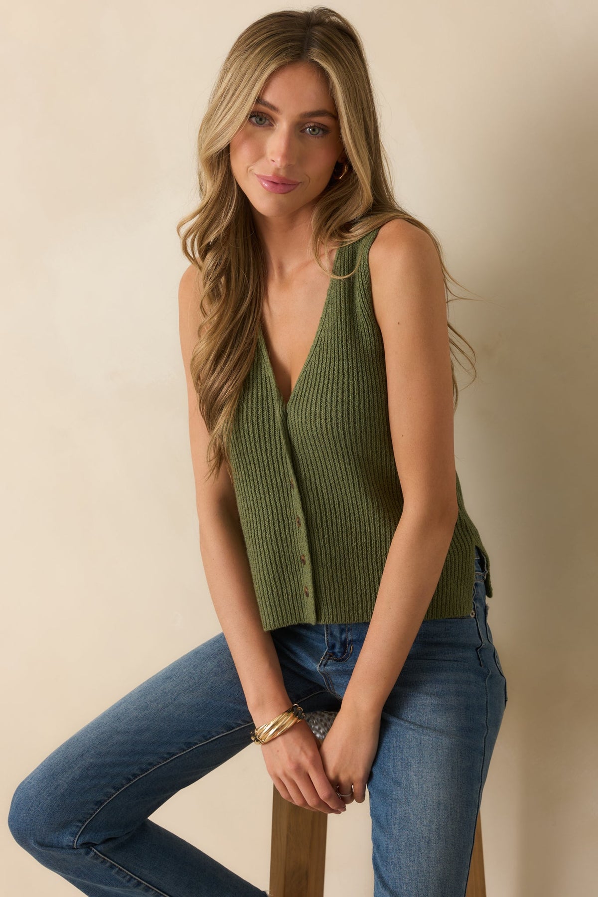 Trust Your Intuition Olive Green Button Front Sweater Vest