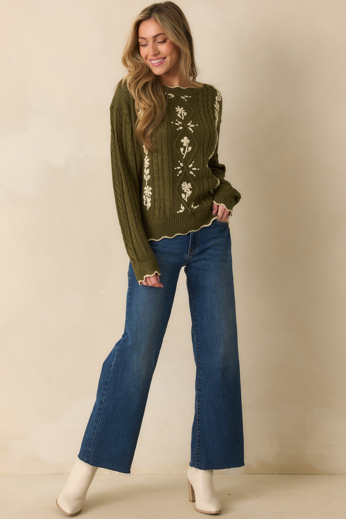 Guess Again Olive Cable Knit Floral Embroidered Scallop Hem Sweater