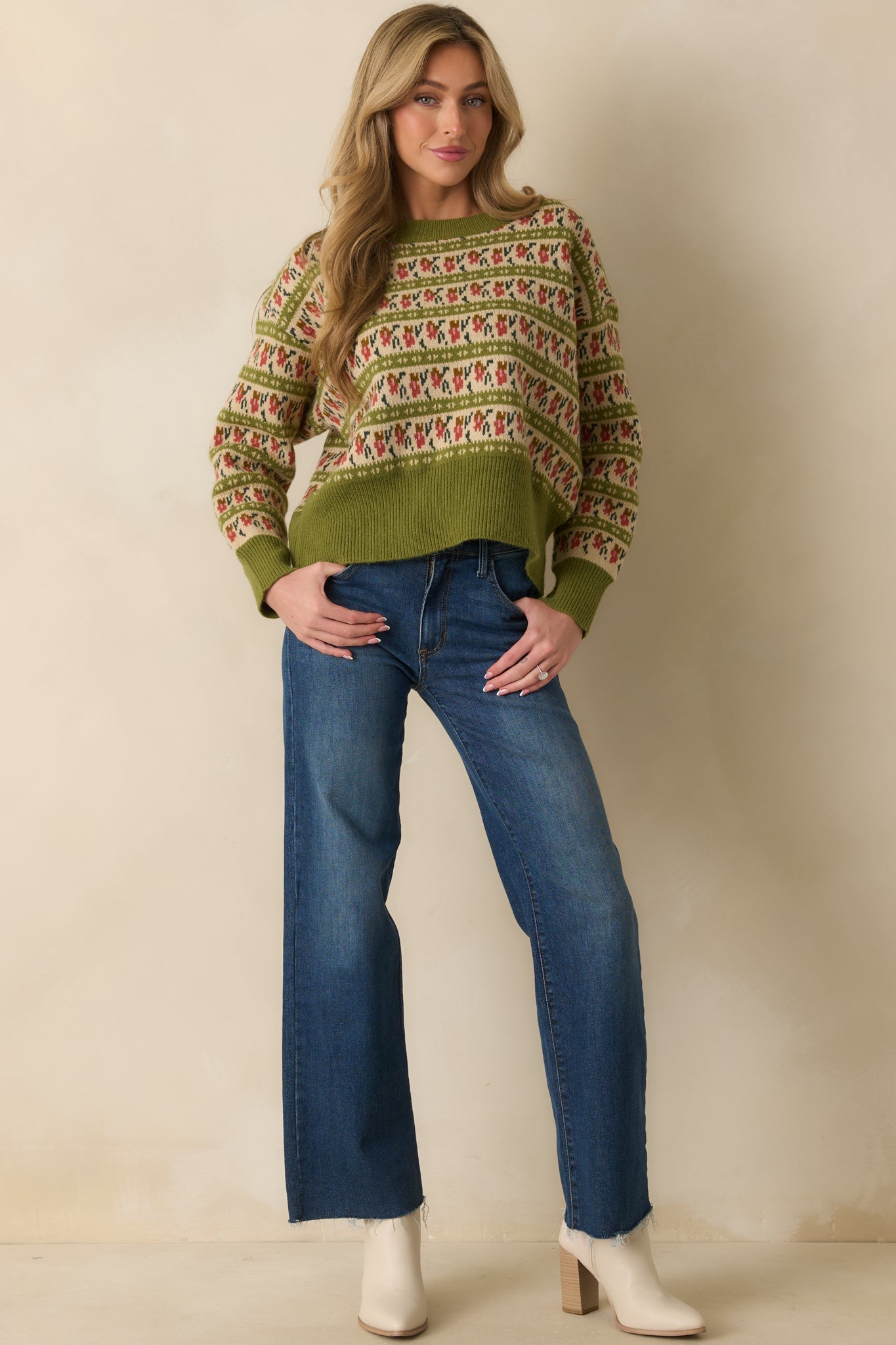 Guess What's Next Light Olive Multi Fair Isle Knit Crewneck Sweater