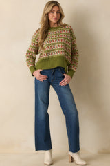 Guess What's Next Light Olive Multi Fair Isle Knit Crewneck Sweater