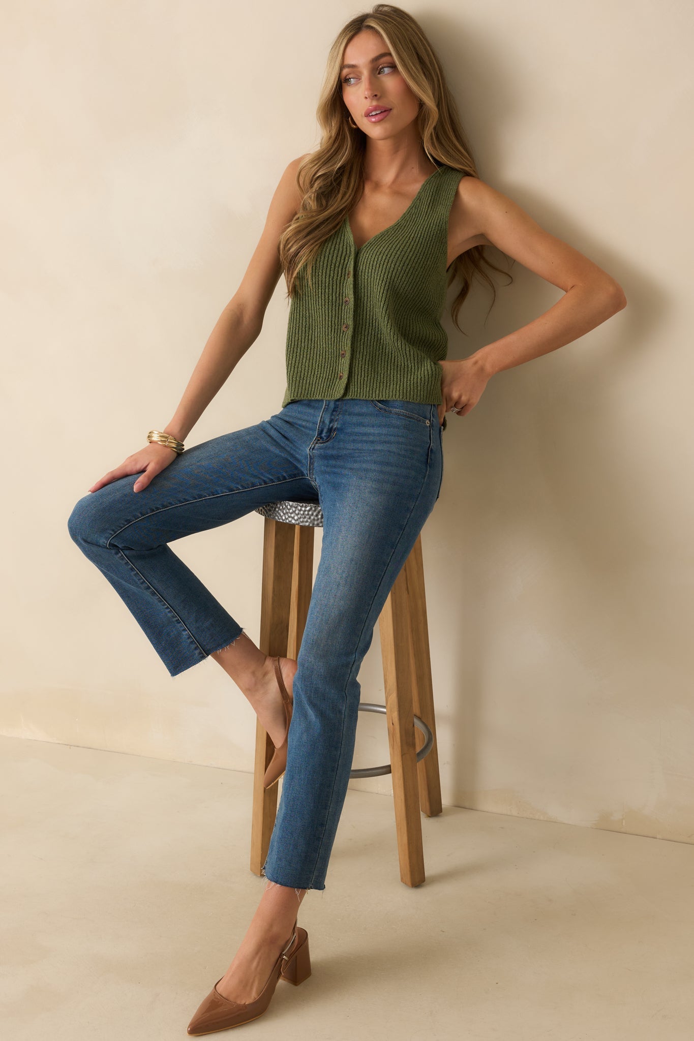 Trust Your Intuition Olive Green Button Front Sweater Vest