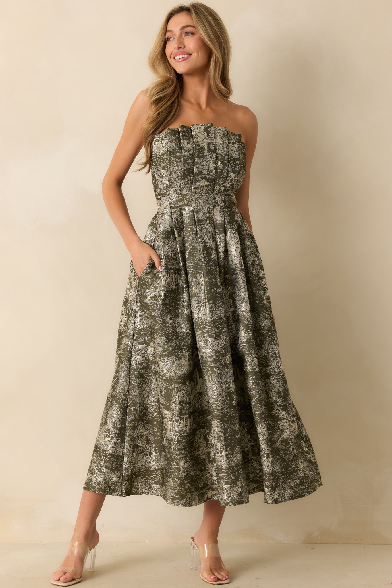 The Genevieve Olive Storybook Toile Jacquard Strapless Midi Dress