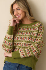 Guess What's Next Light Olive Multi Fair Isle Knit Crewneck Sweater