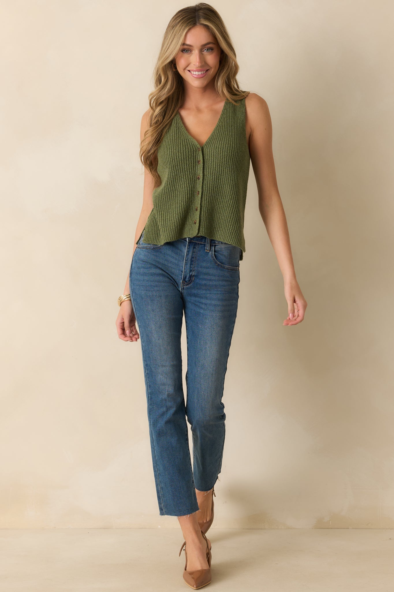 Trust Your Intuition Olive Green Button Front Sweater Vest