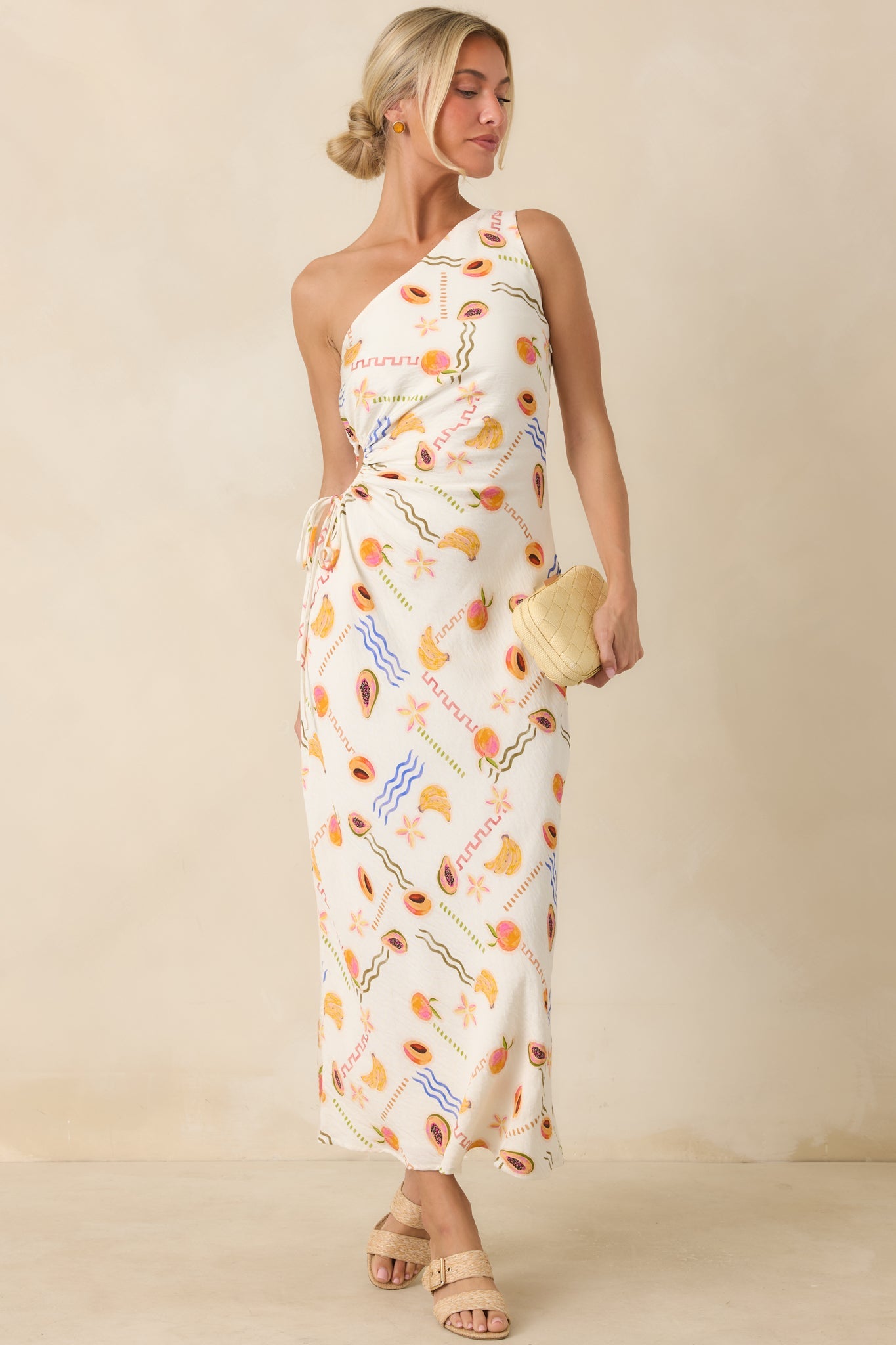MINKPINK Carmen White Multi Fruit Print One Shoulder Maxi Dress