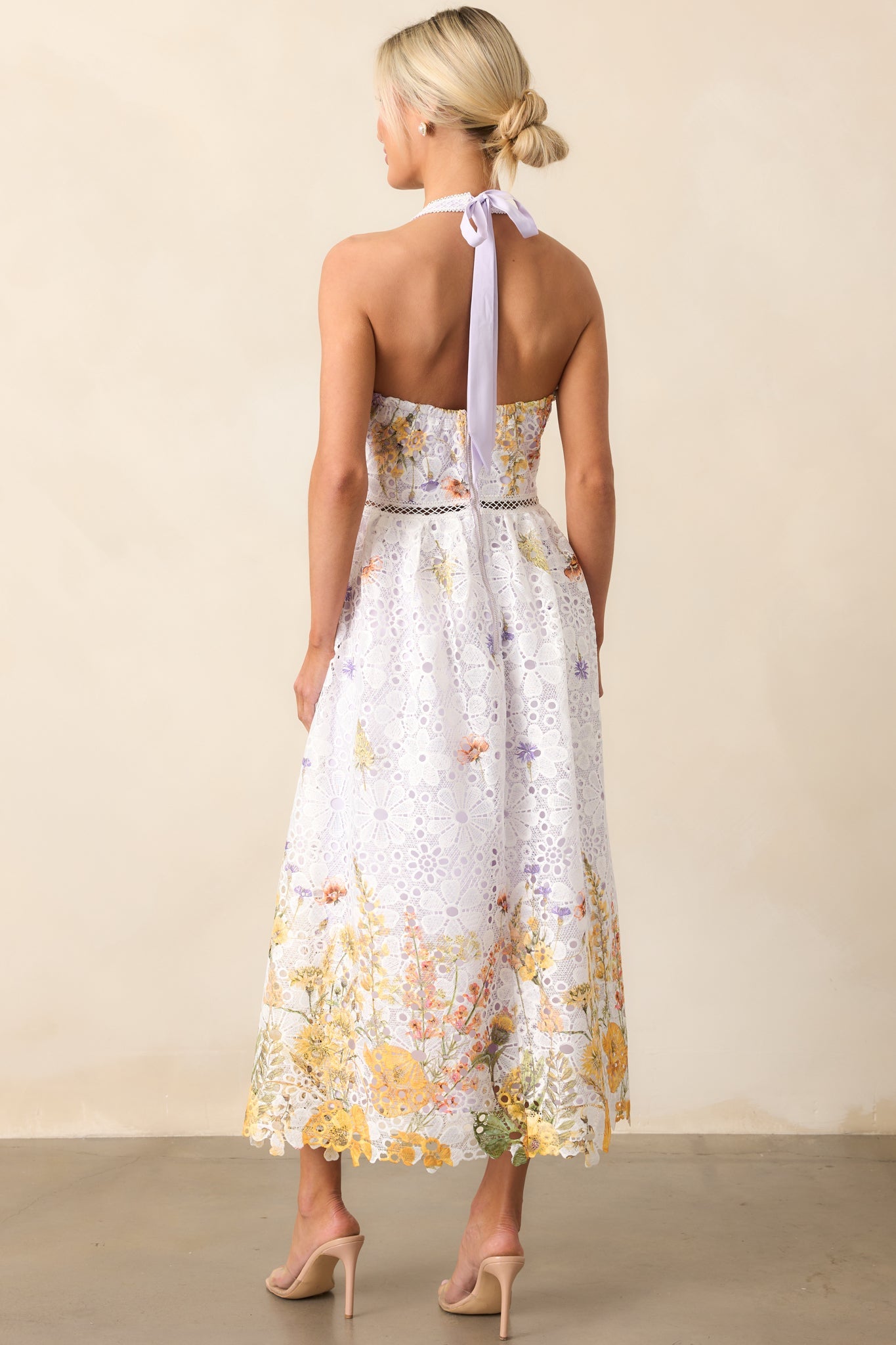 Twirl Me Lavender Floral Embroidered Halter Midi Dress