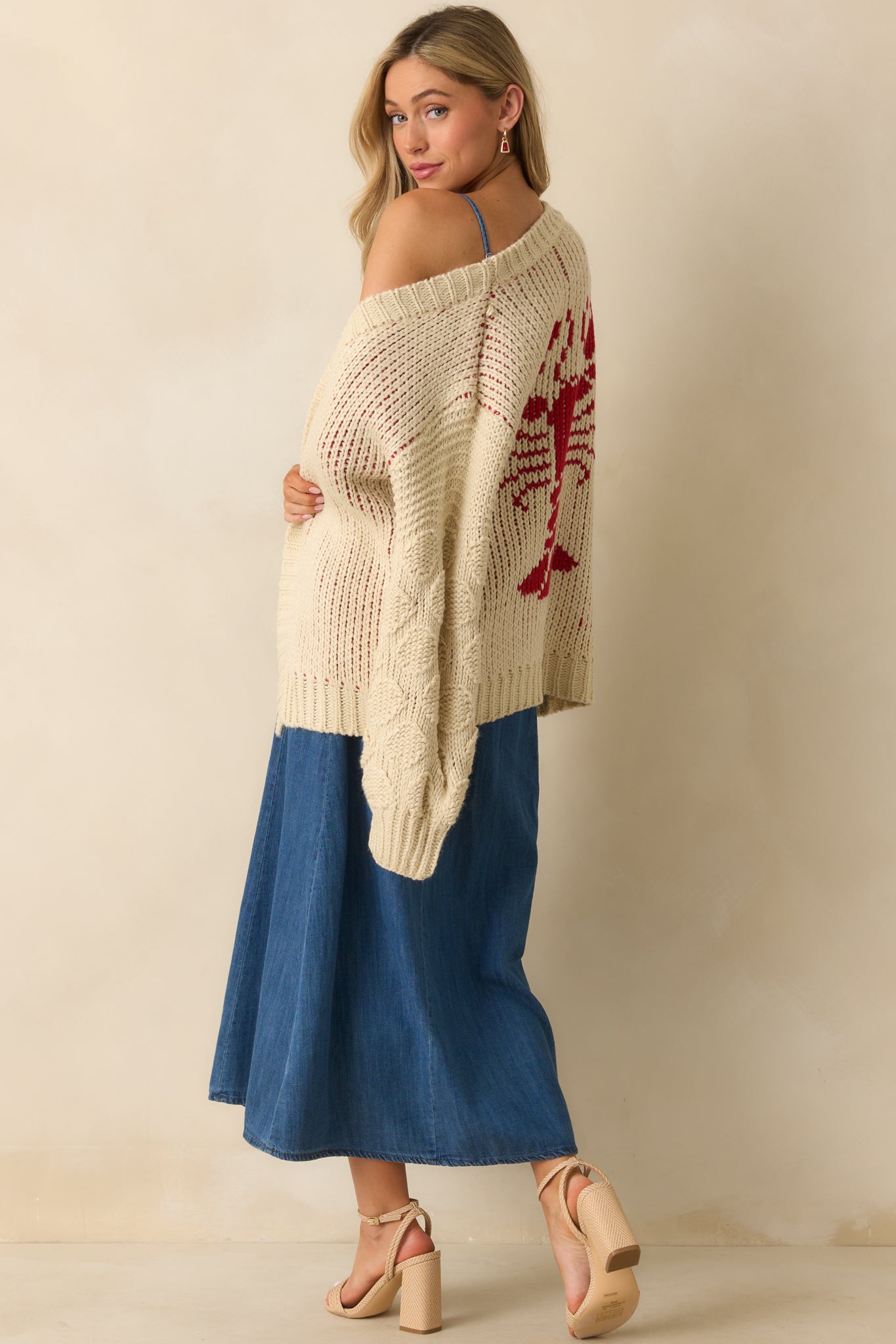 Dinner By The Dock Ivory Lobster Motif Open Front Cardigan