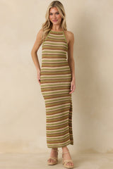 Earth Angel Green & Brown Stripe Crochet Halter Maxi Dress