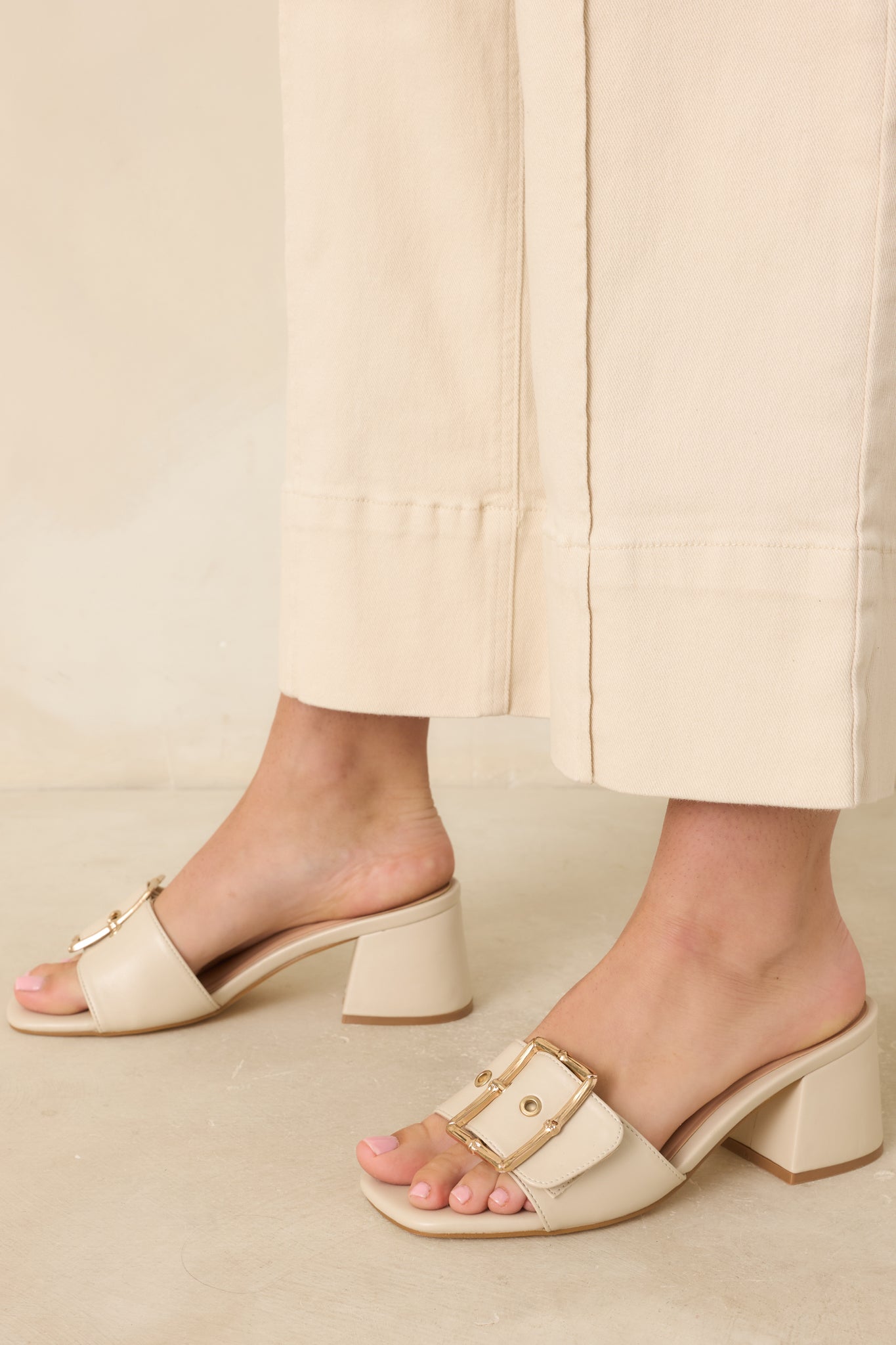 Oh So Nice Light Beige Buckle Strap Block Heels
