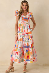 Where the Sun Goes Orange & Pink Multi Cotton V-Neck Flutter Sleeve Maxi Dress
