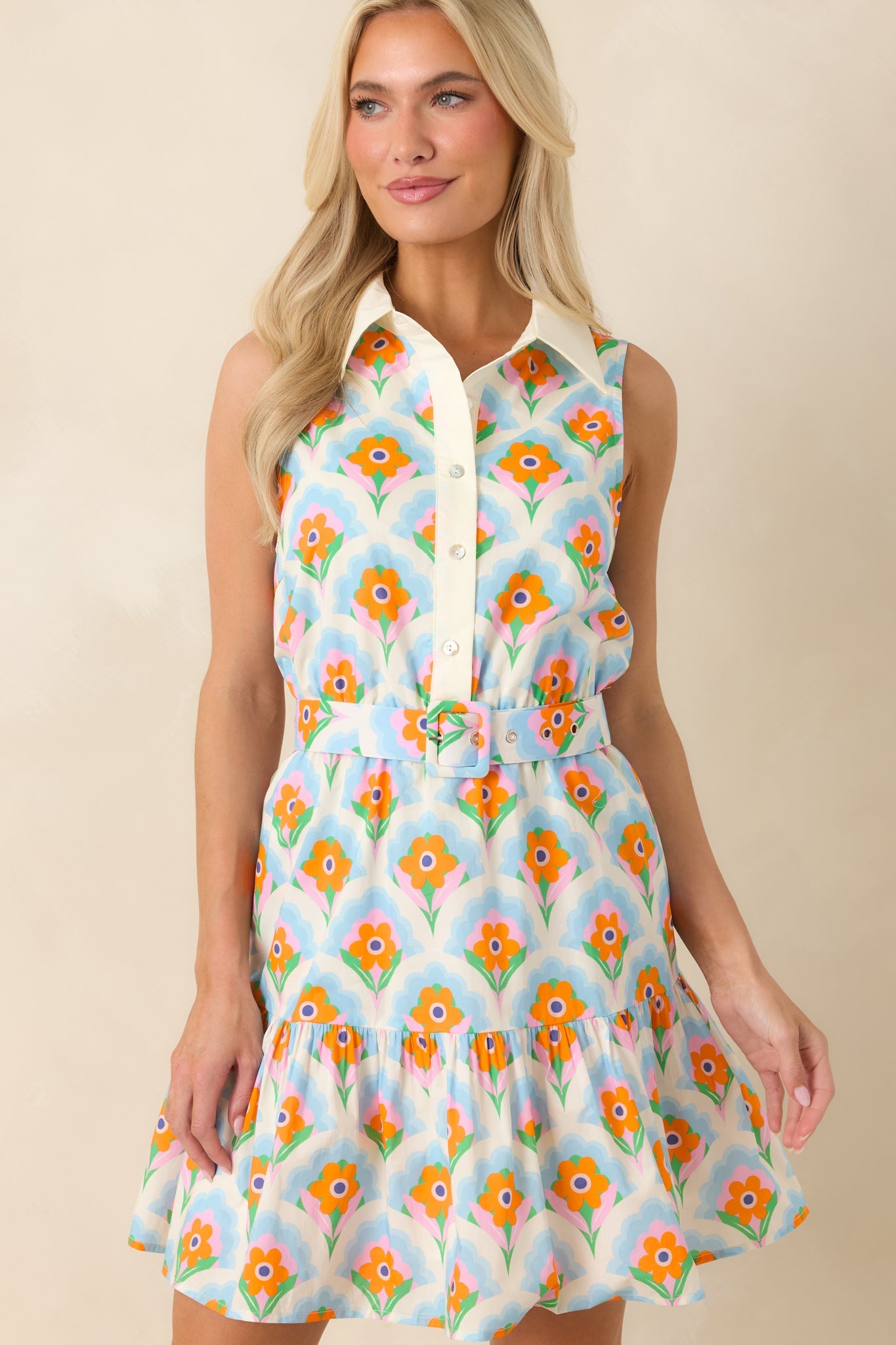 Weekend in Palm Springs Orange & Light Blue Floral Mini Dress