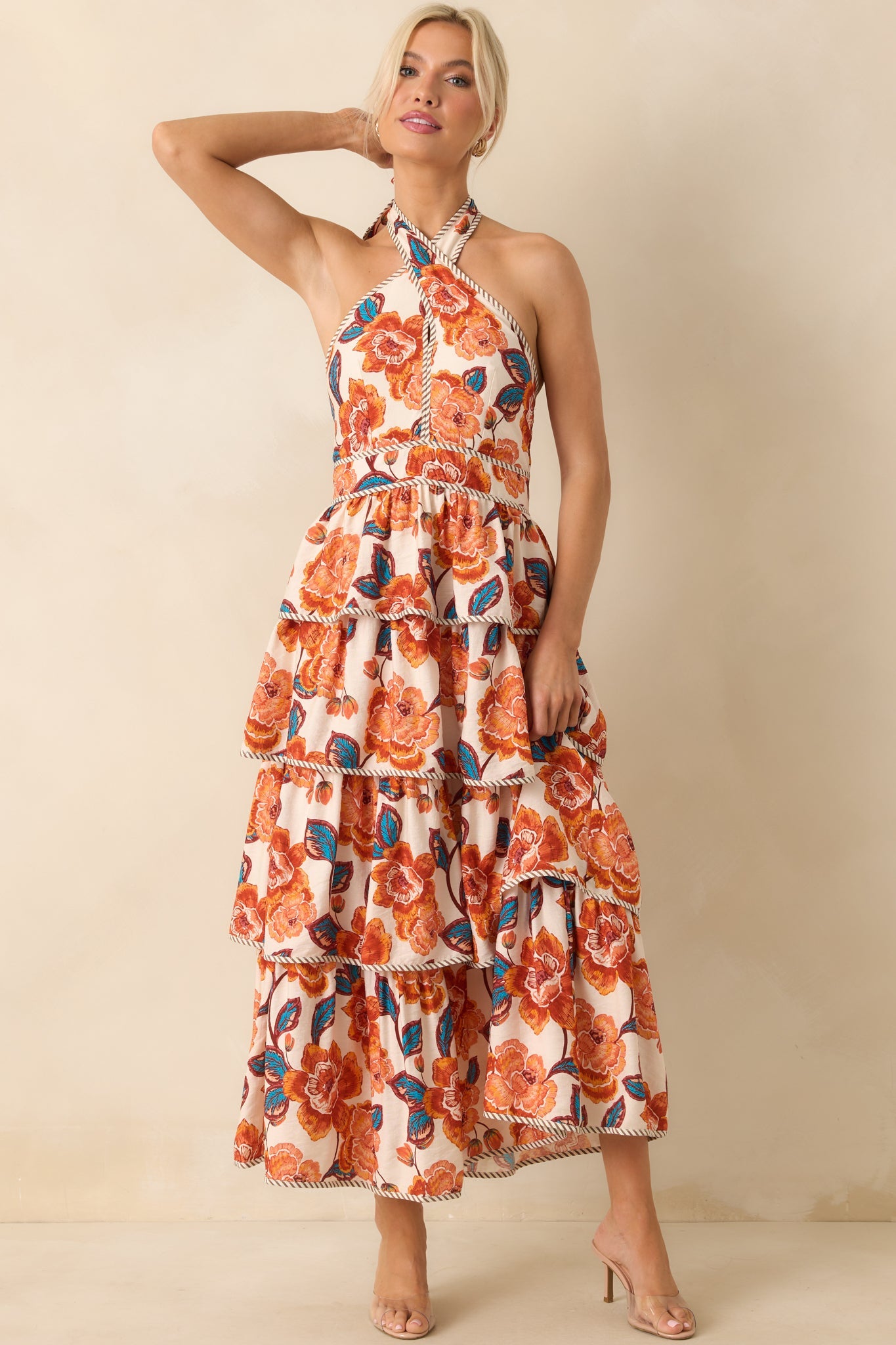 A Little Brighter Orange Floral Print Criss Cross Halter Maxi Dress
