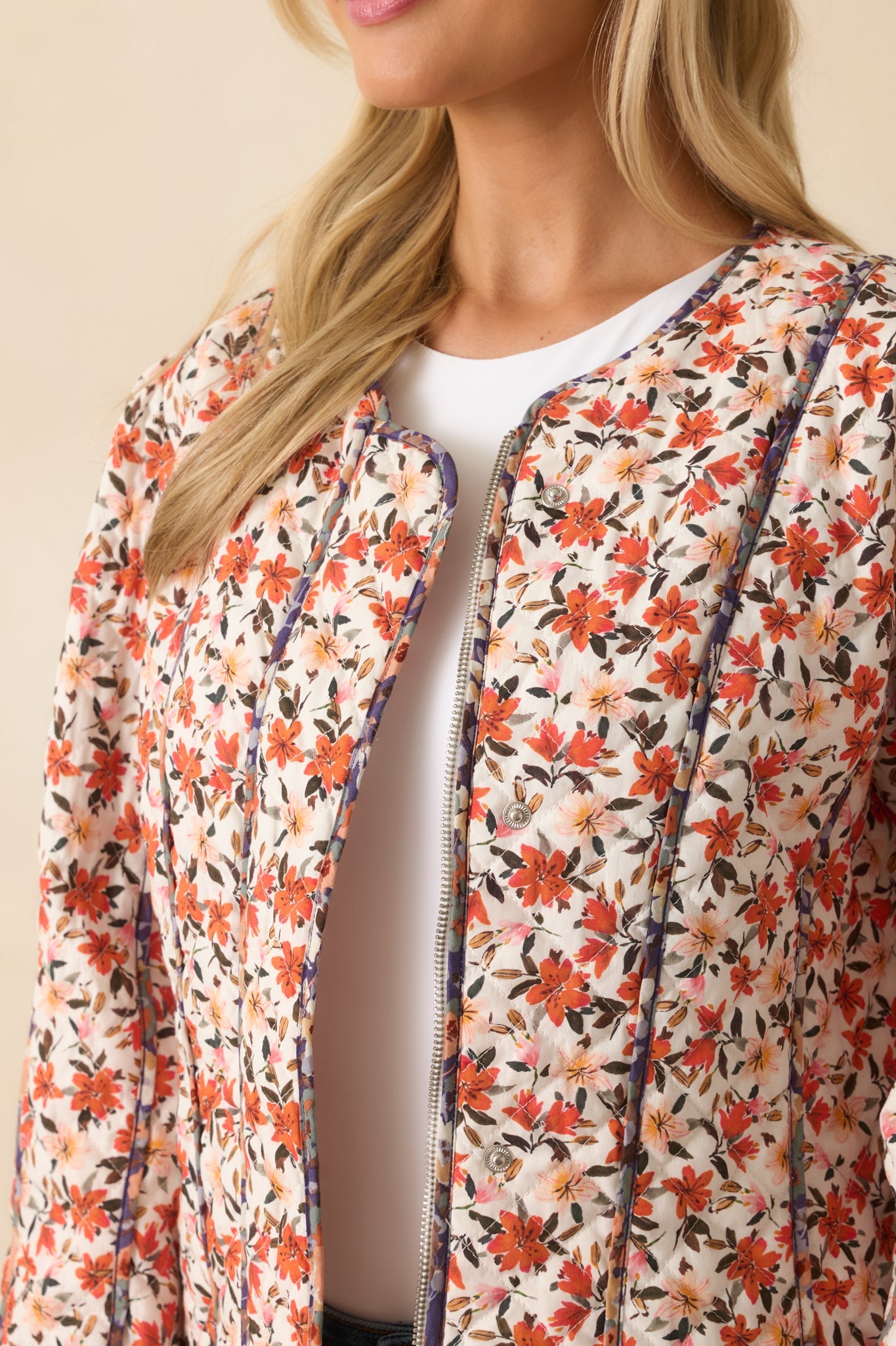 Thought You'd Ask Orange Multi Floral Print Quilted Cotton Jacket