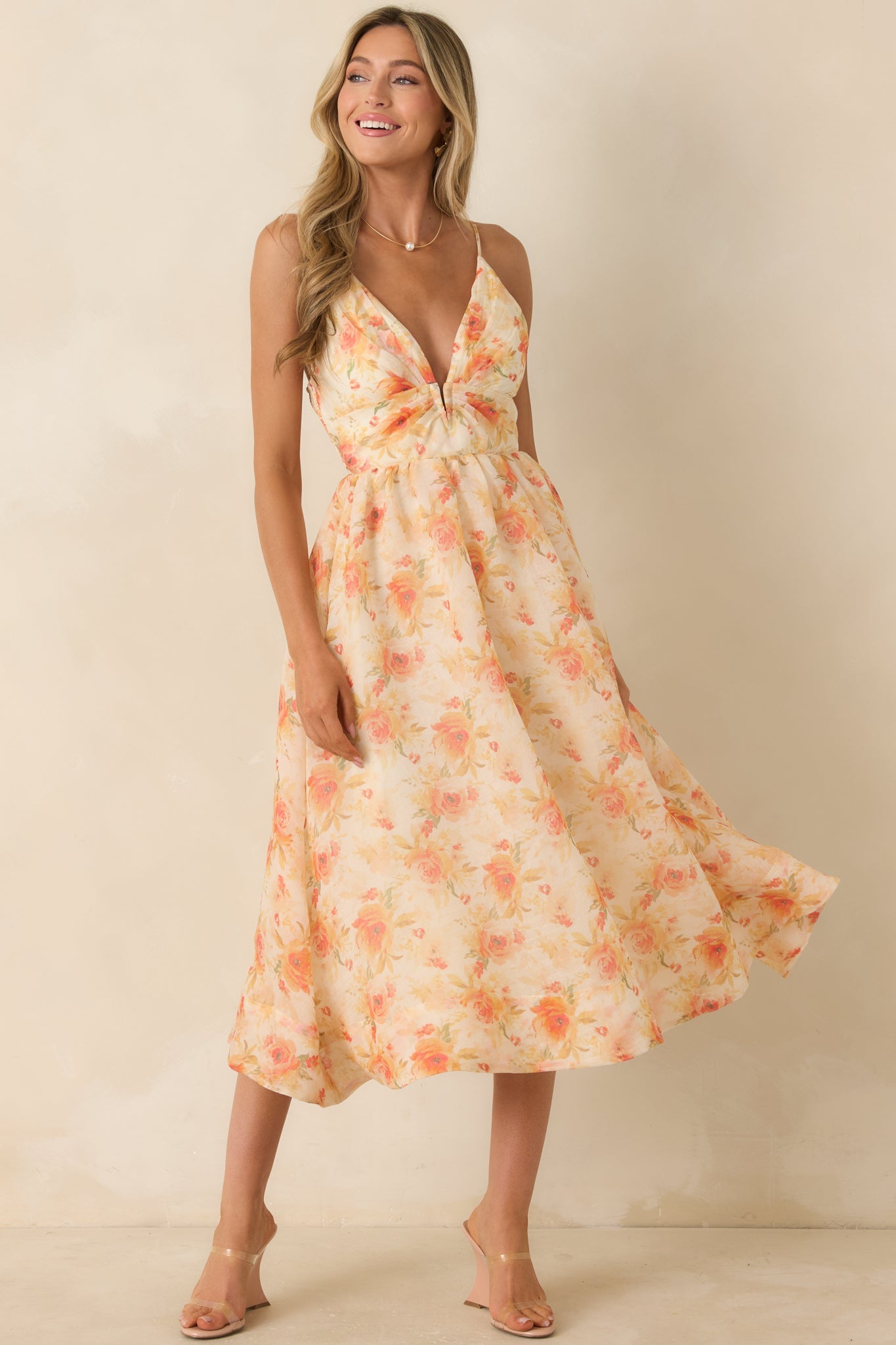 ASTR The Label Janna Orange Floral Midi Dress