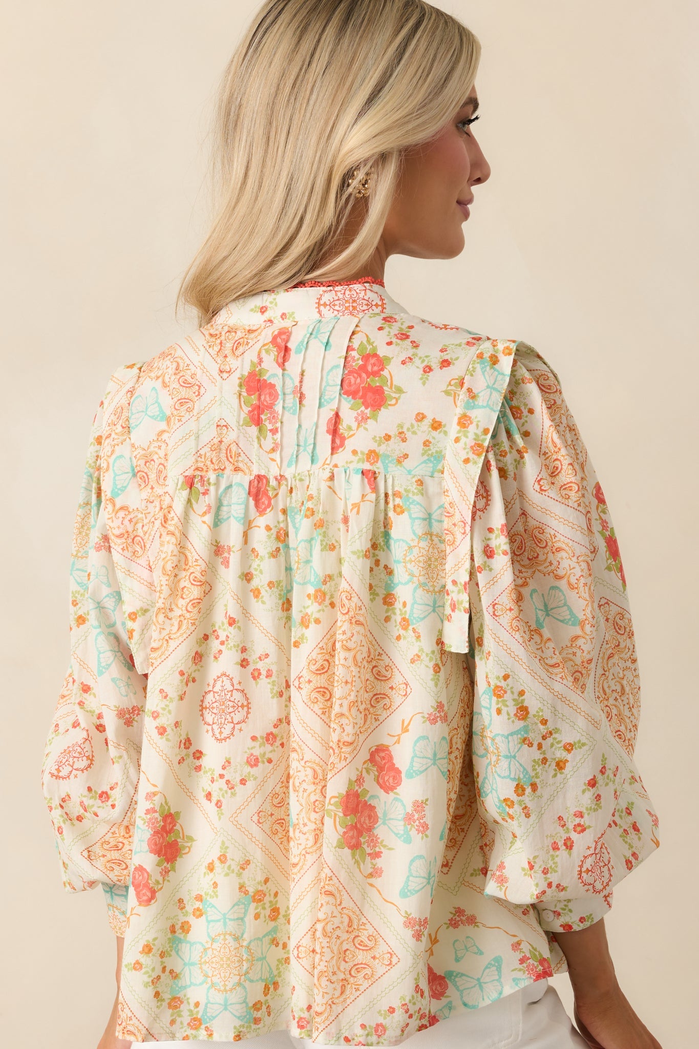 Moments That Linger Orange Patchwork Cotton Button Front Top
