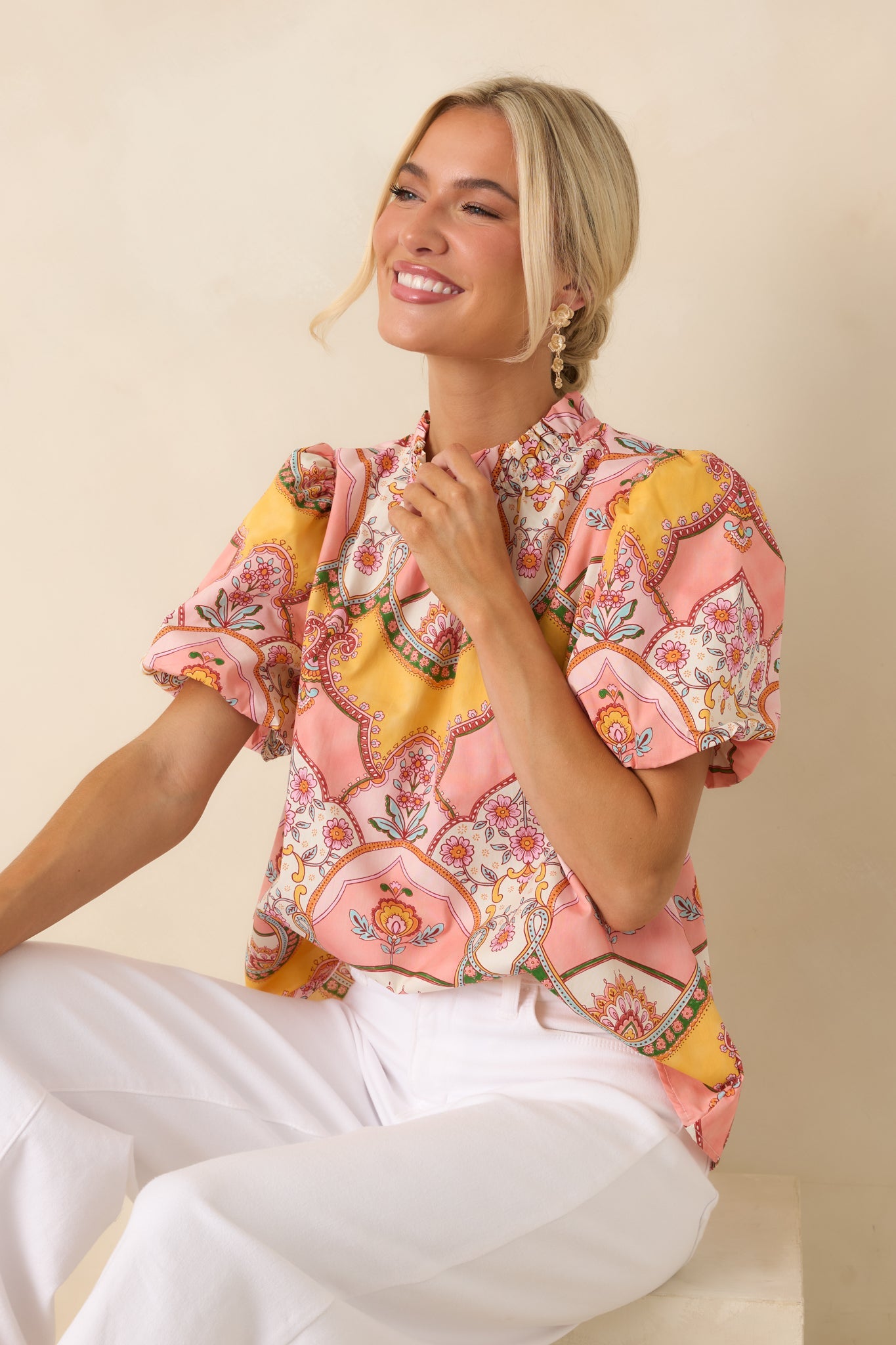 Love You Back Pink & Marigold Scarf Print Cotton Top