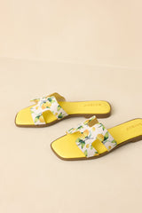 Picked Fresh for You Yellow Multi Lemon Print Slide Sandals
