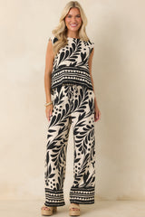 Palma Nights Black & Natural Botanical Print Wide Leg Pants