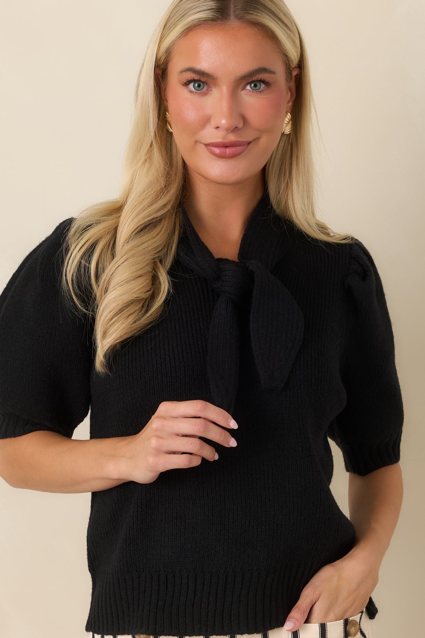 Tied Up Beautifully Black Knit Tie Neck Top