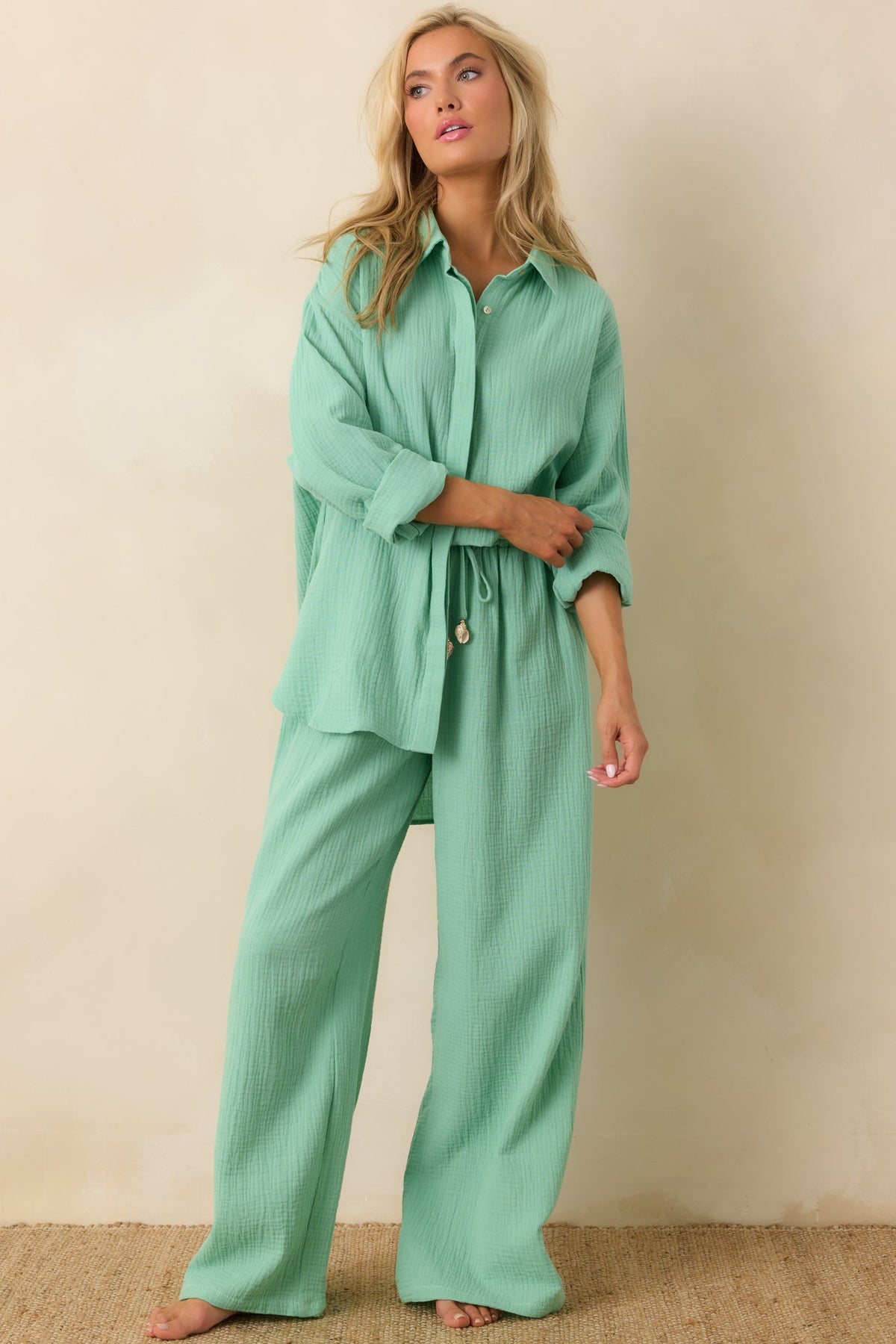 Paradisa Naples Seaglass Green Cotton Button-Up Top