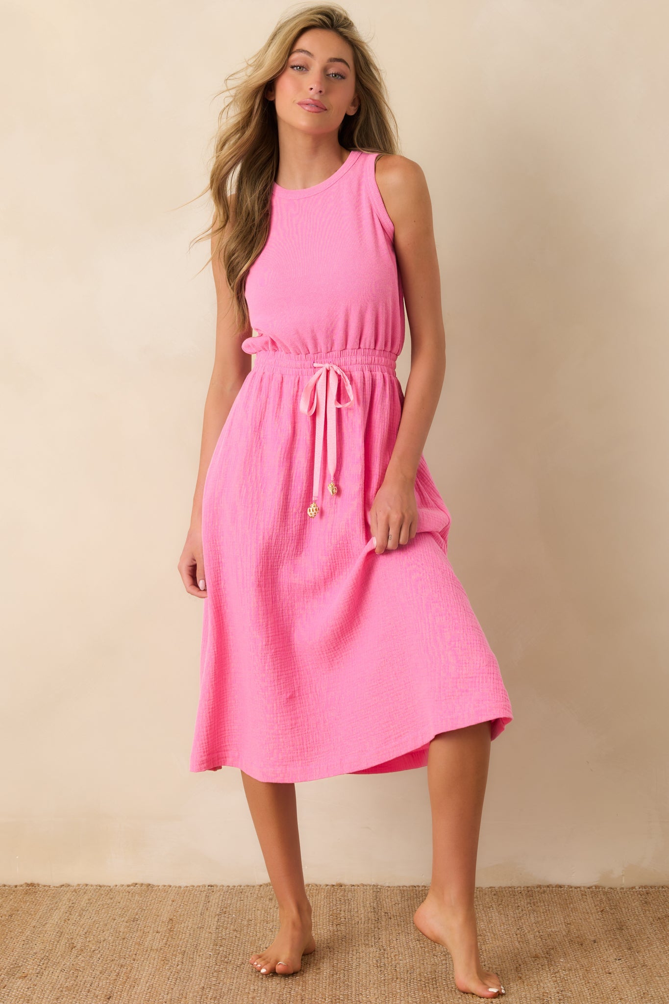 Paradisa Bonita Pink Cotton Sleeveless Midi Dress