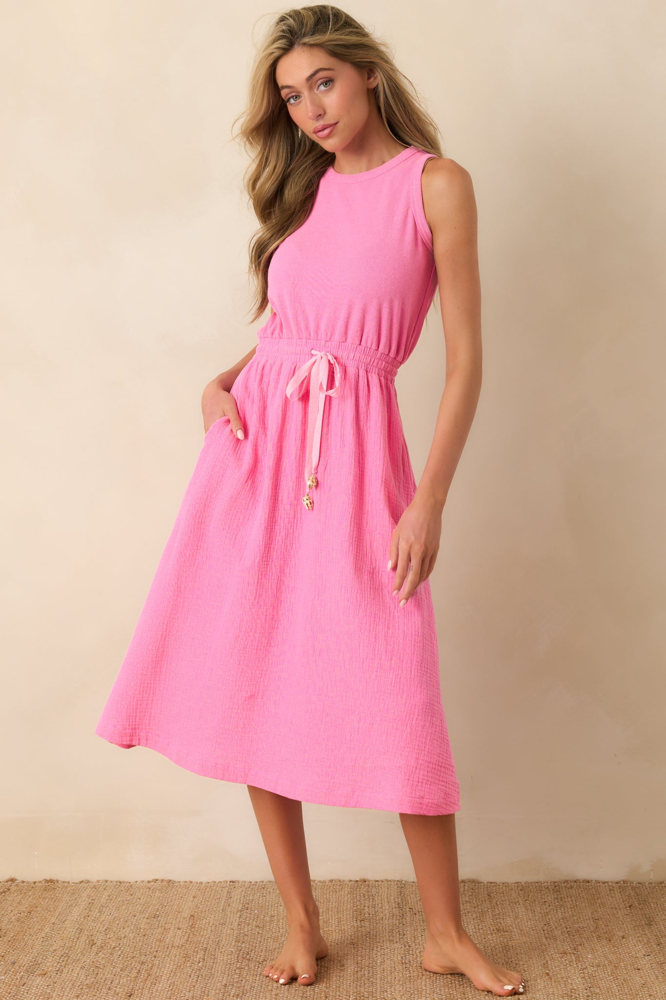 Paradisa Bonita Pink Cotton Sleeveless Midi Dress