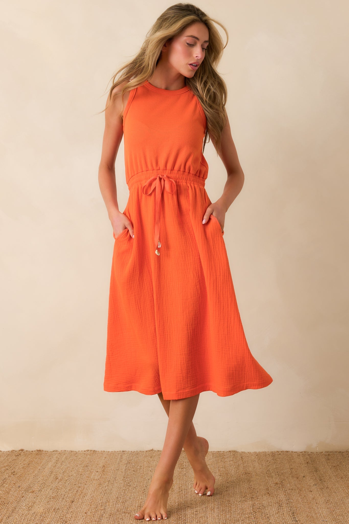 Paradisa Bonita Orange Cotton Sleeveless Midi Dress