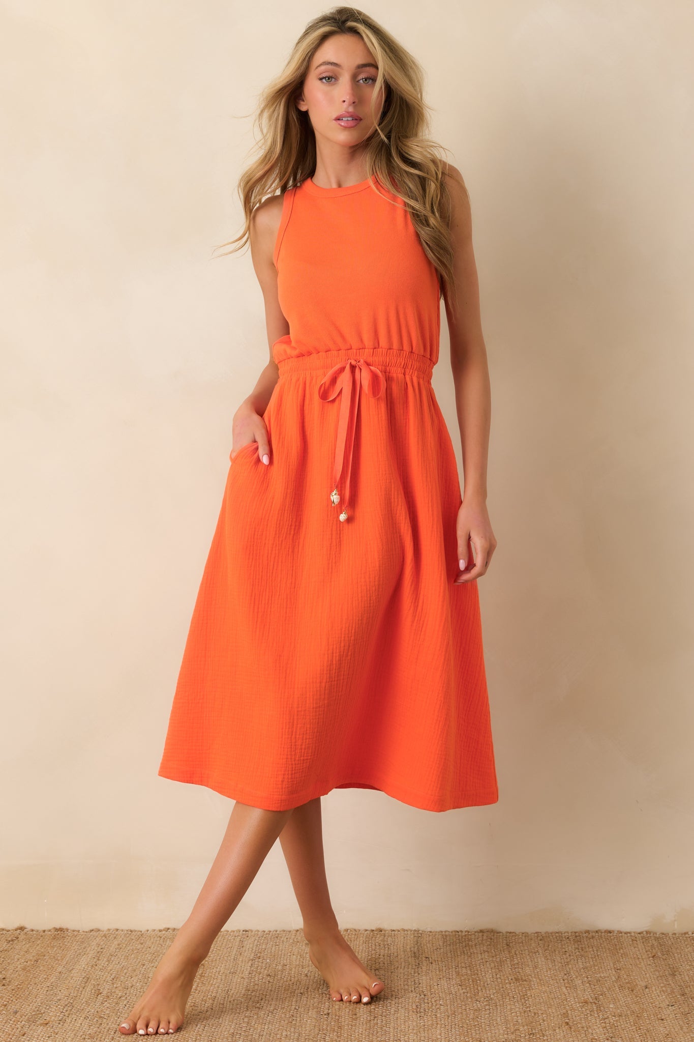 Paradisa Bonita Orange Cotton Sleeveless Midi Dress