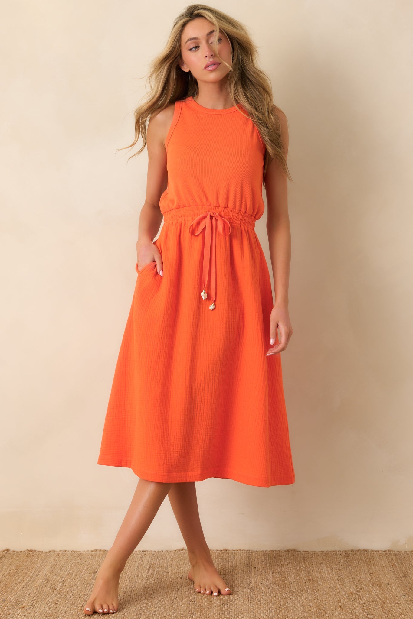 Paradisa Bonita Orange Cotton Sleeveless Midi Dress