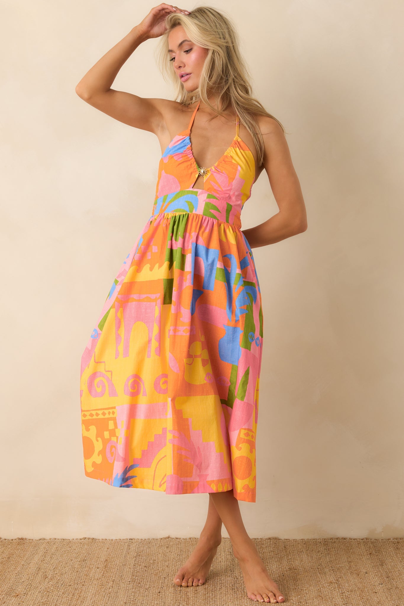 Paradisa Maldives Orange Multi Cotton Abstract Print Midi Dress