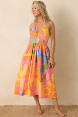 Paradisa Maldives Orange Multi Cotton Abstract Print Midi Dress
