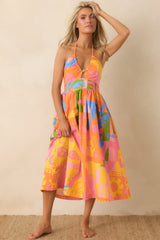 Paradisa Maldives Orange Multi Cotton Abstract Print Midi Dress