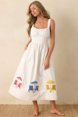Paradisa Carmen White Multi Embroidered Cotton Midi Dress