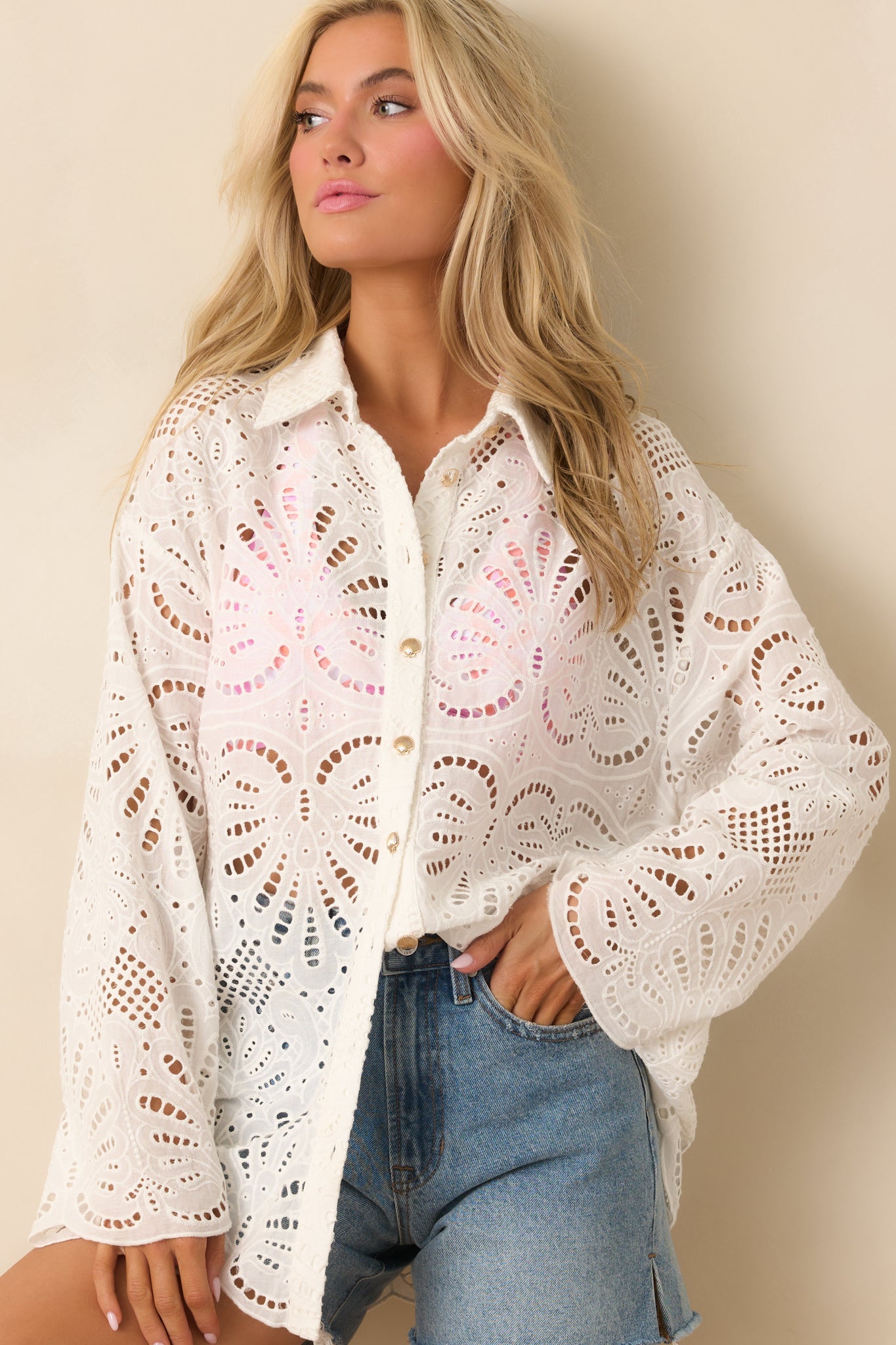 Paradisa Tropez White Palm Lace Cotton Button Front Blouse