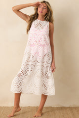 Paradisa Stella White Palm Lace Cotton Midi Dress