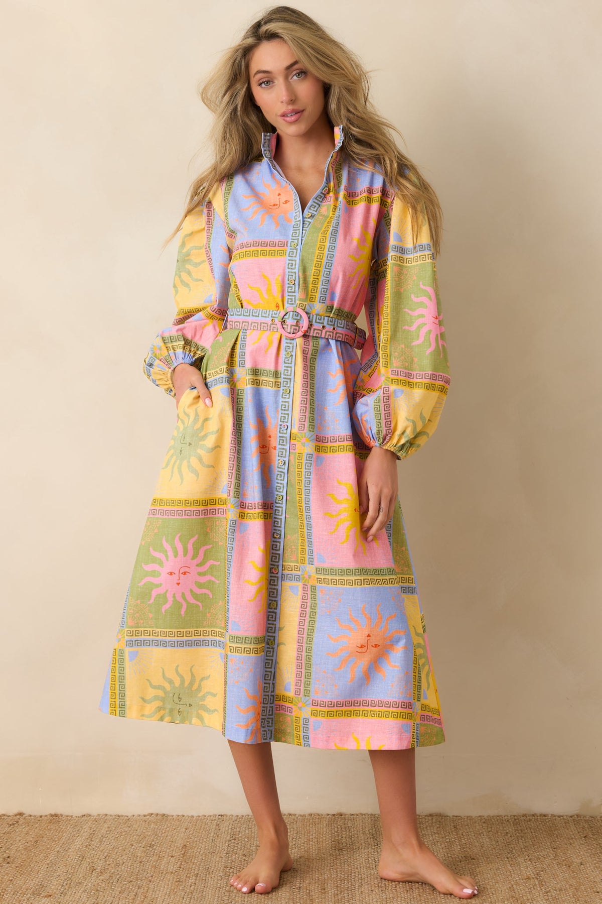 Paradisa Anna Maria Multi Sun Print Linen Blend Midi Dress
