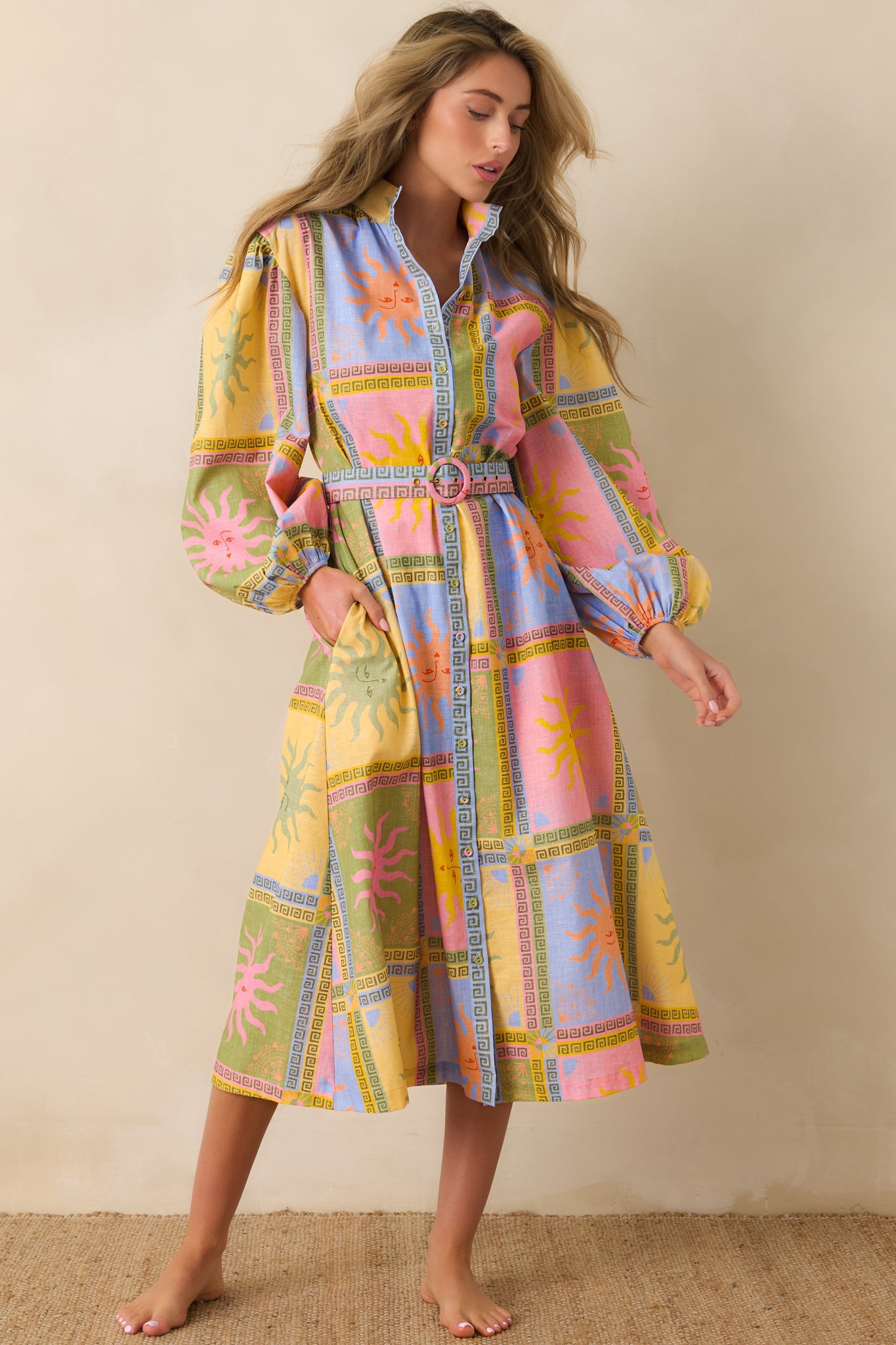 Paradisa Anna Maria Multi Sun Print Linen Blend Midi Dress