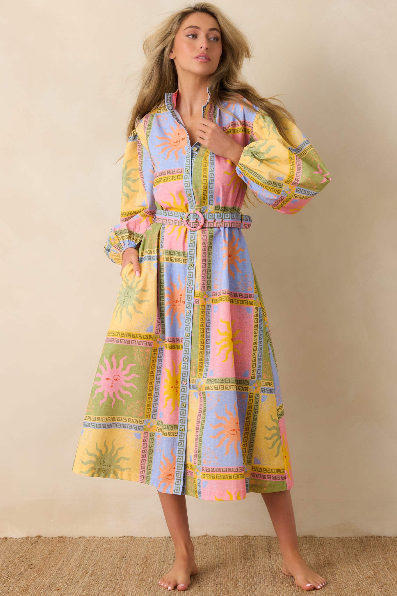 Paradisa Anna Maria Multi Sun Print Linen Blend Midi Dress