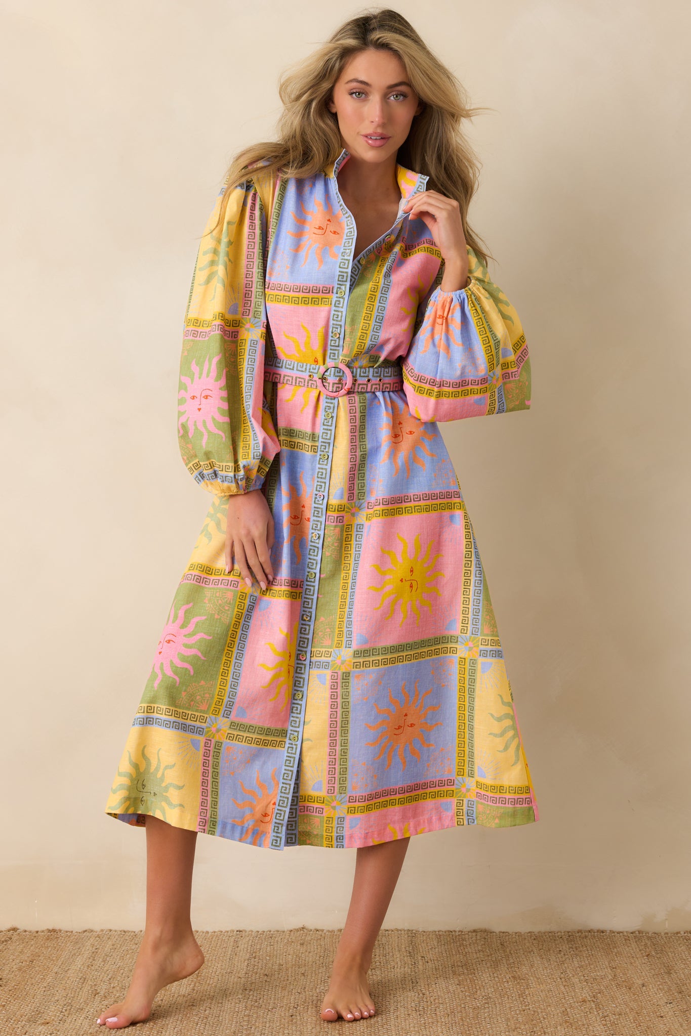 Paradisa Anna Maria Multi Sun Print Linen Blend Midi Dress