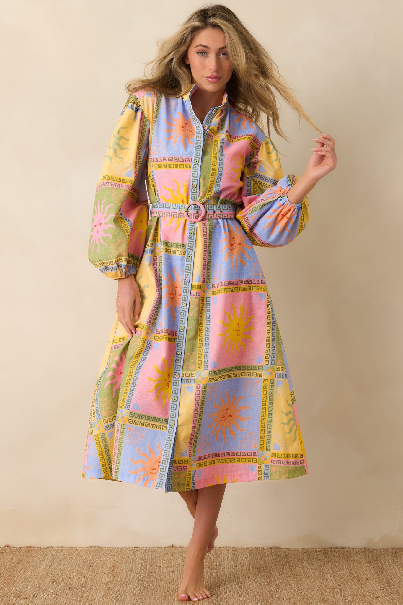 Paradisa Anna Maria Multi Sun Print Linen Blend Midi Dress