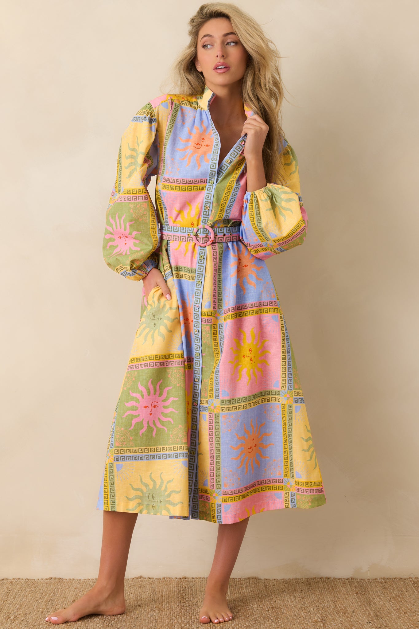 Paradisa Anna Maria Multi Sun Print Linen Blend Midi Dress