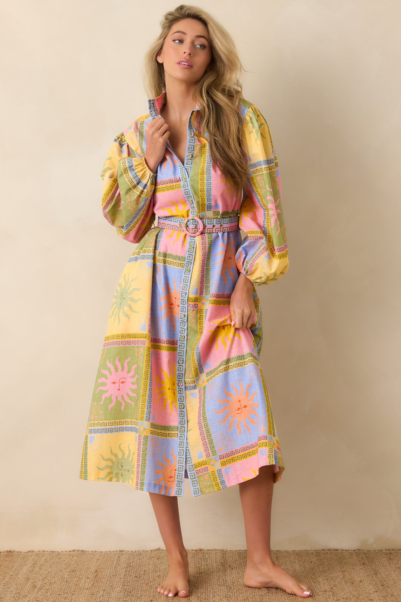 Paradisa Anna Maria Multi Sun Print Linen Blend Midi Dress
