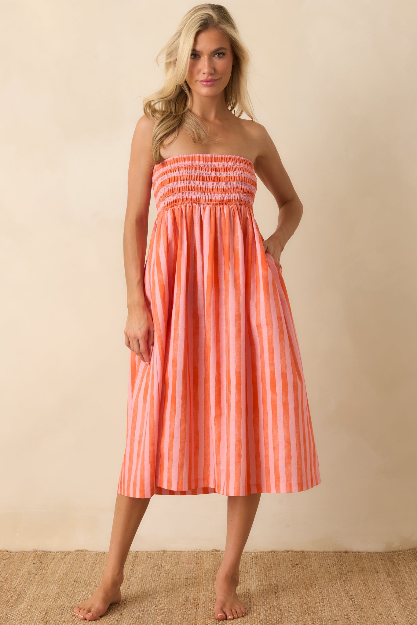 Paradisa Siesta Key Pink & Orange Stripe Linen Blend Convertible Dress