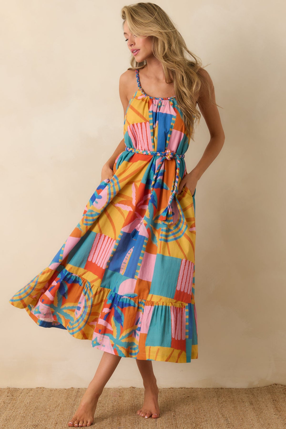 Paradisa Isabella Multi Tropical Mosaic Cotton Midi Dress