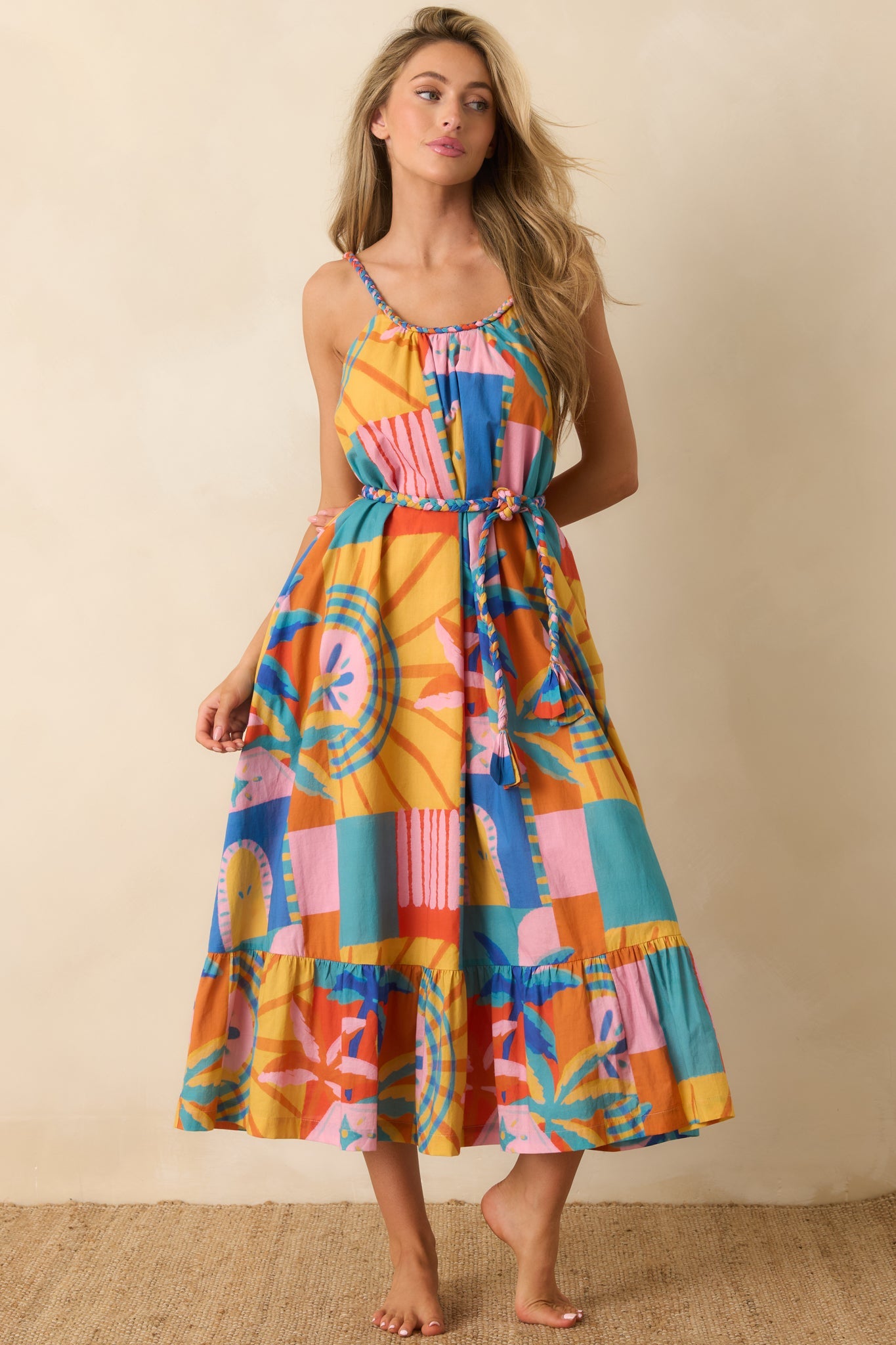 Paradisa Isabella Multi Tropical Mosaic Cotton Midi Dress