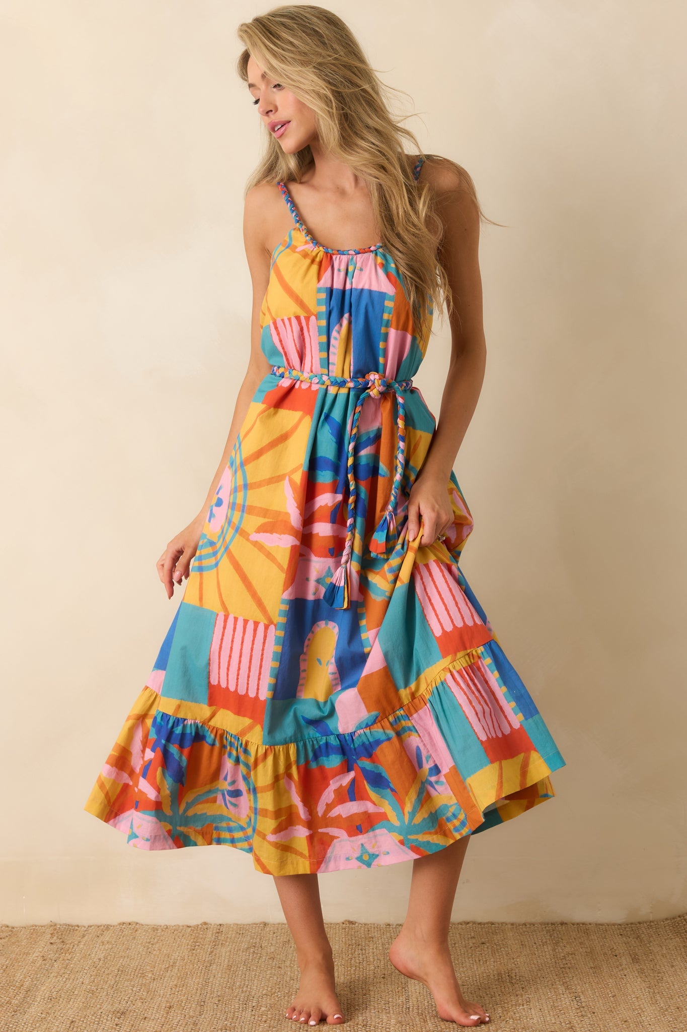 Paradisa Isabella Multi Tropical Mosaic Cotton Midi Dress