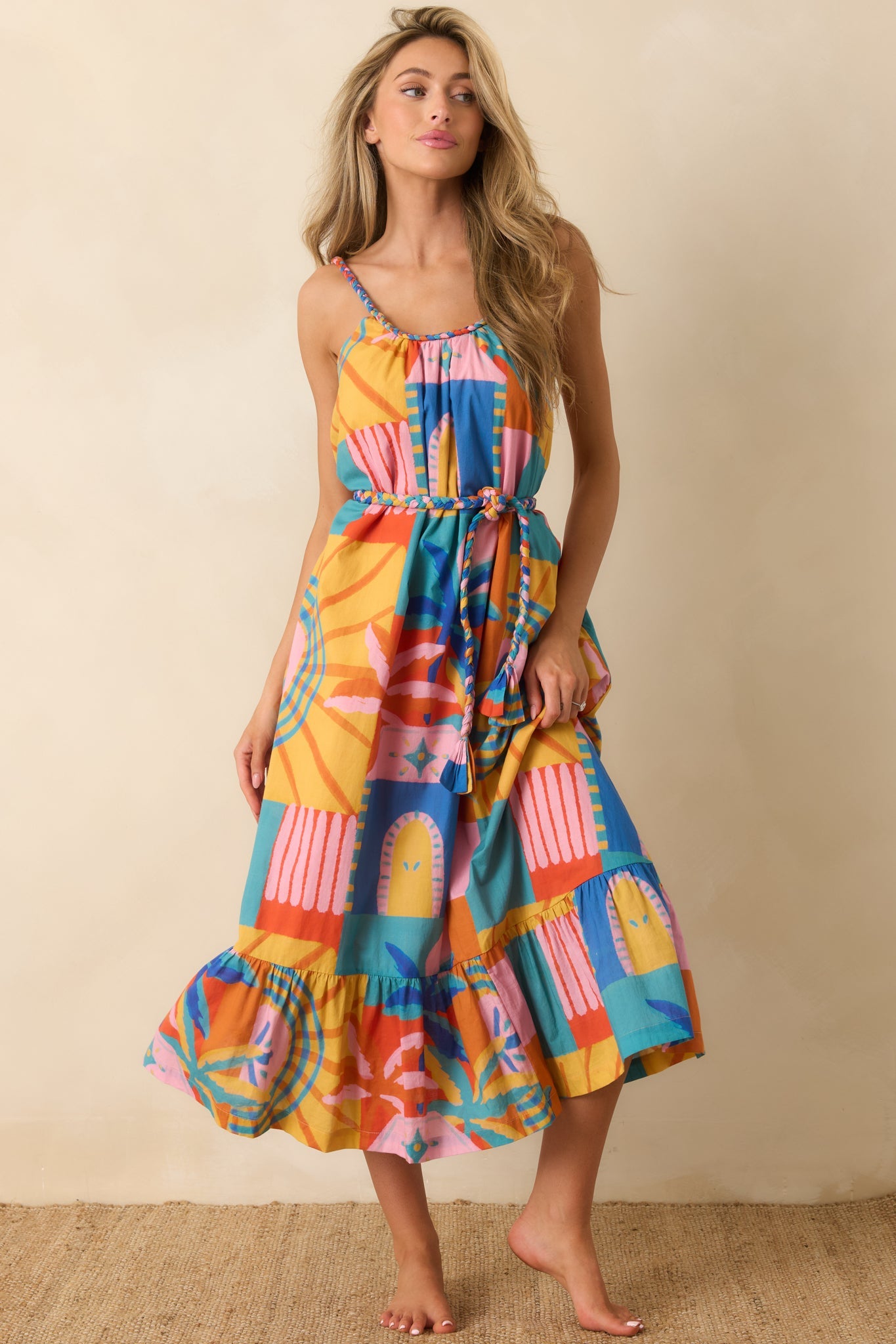 Paradisa Isabella Multi Tropical Mosaic Cotton Midi Dress