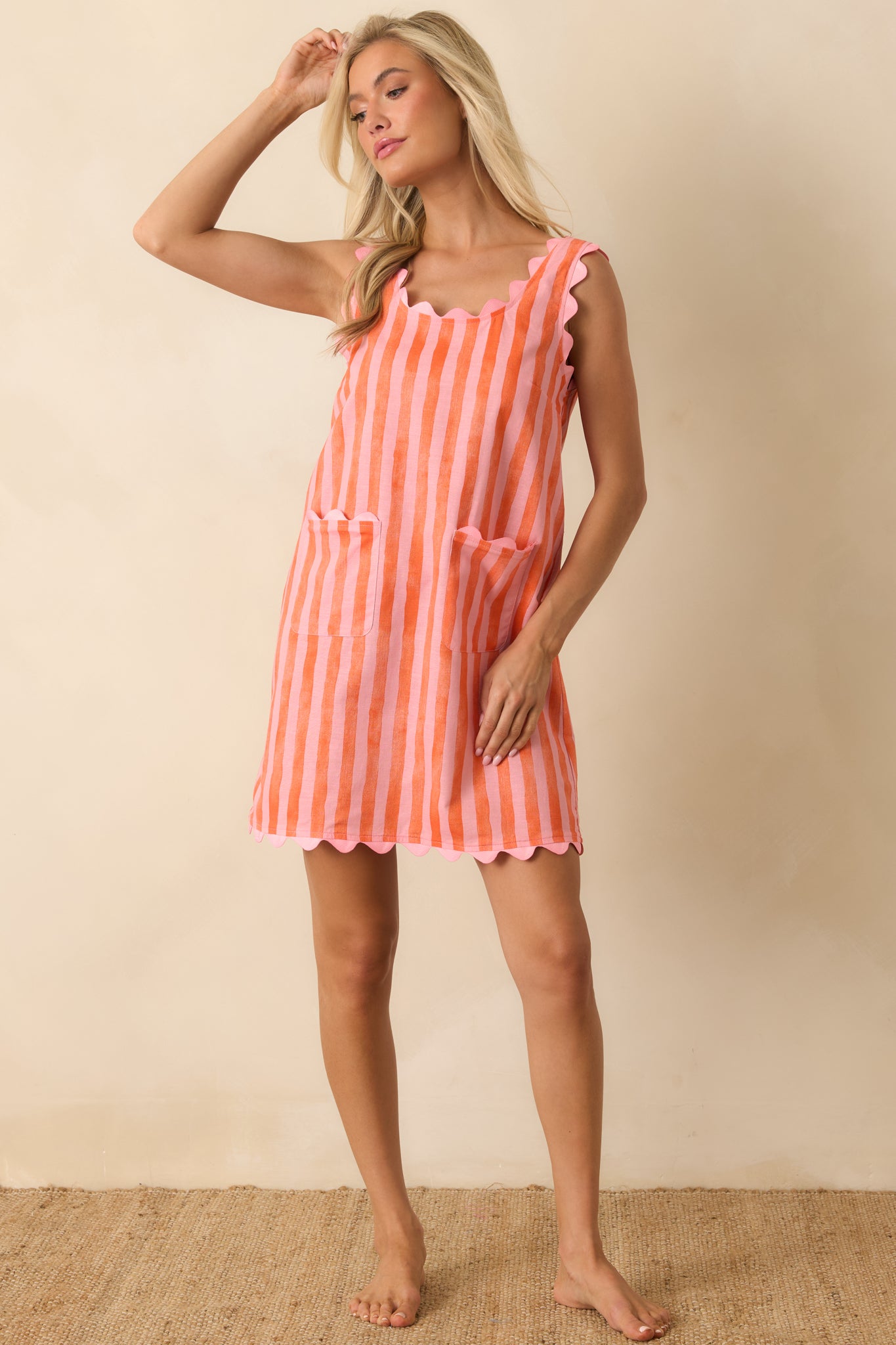Paradisa Calypso Pink & Orange Stripe Linen Blend Mini Dress
