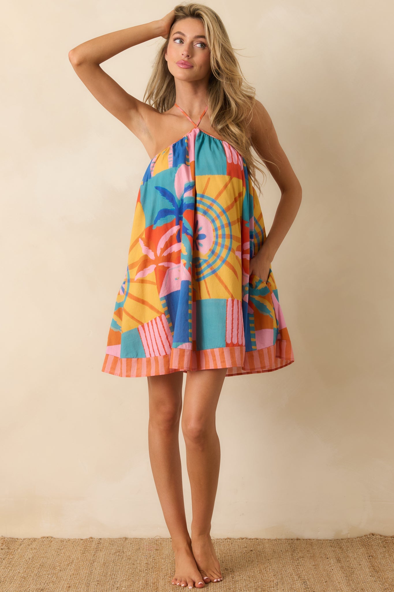 Paradisa Ithica Multi Tropical Mosaic Cotton Halter Swing Mini Dress