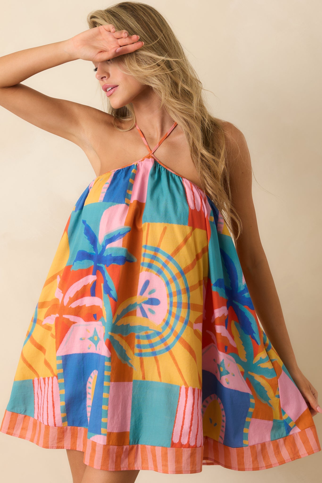 Paradisa Ithica Multi Tropical Mosaic Cotton Halter Swing Mini Dress